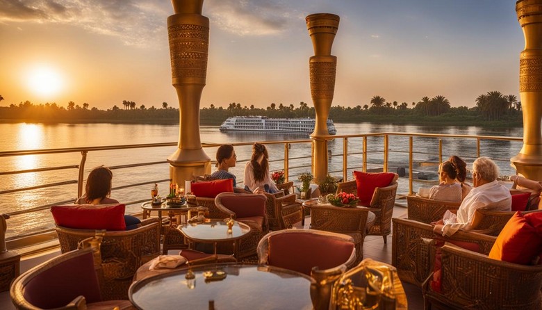 Boong tàu du thuyền nhìn ra sông Nile lúc hoàng hôn