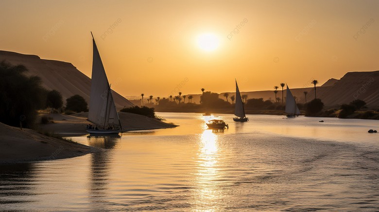 Hoàng hôn vàng cam trên sông Nile nhìn từ thuyền, đảo và hàng cọ phía xa