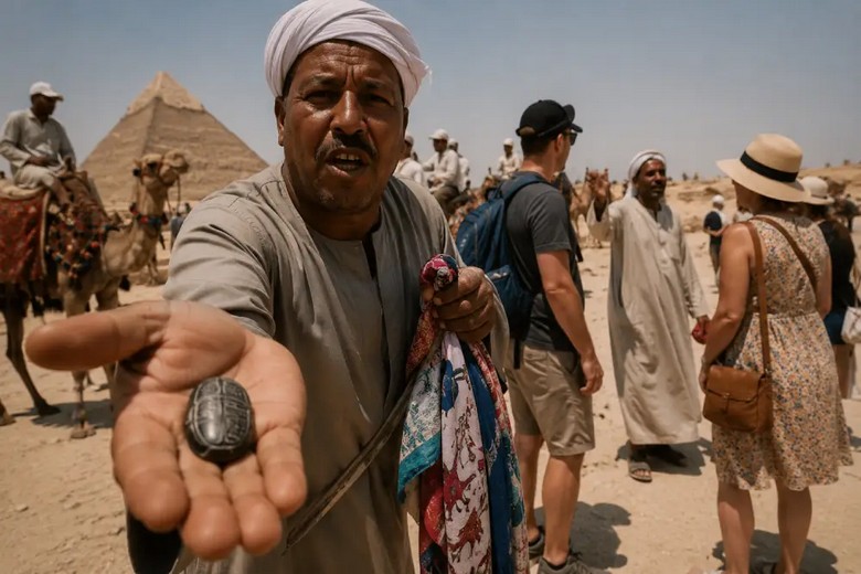 Người bán hàng lưu niệm mời chào khách ở khu Kim tự tháp Giza