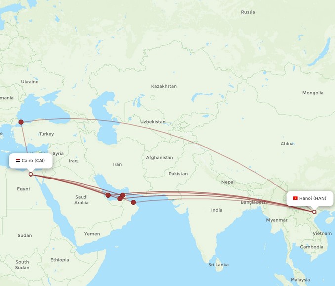 Bản đồ đường bay nối chuyến Hà Nội đi Cairo qua các điểm trung chuyển