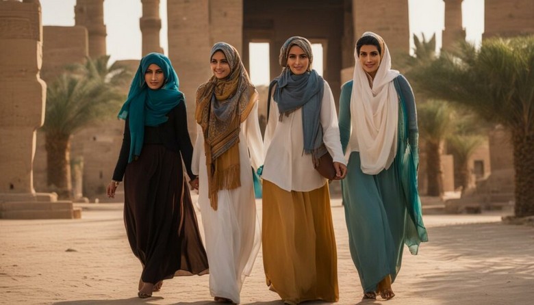 Du khách ăn mặc kín đáo tham quan một nhà thờ Hồi giáo ở Cairo