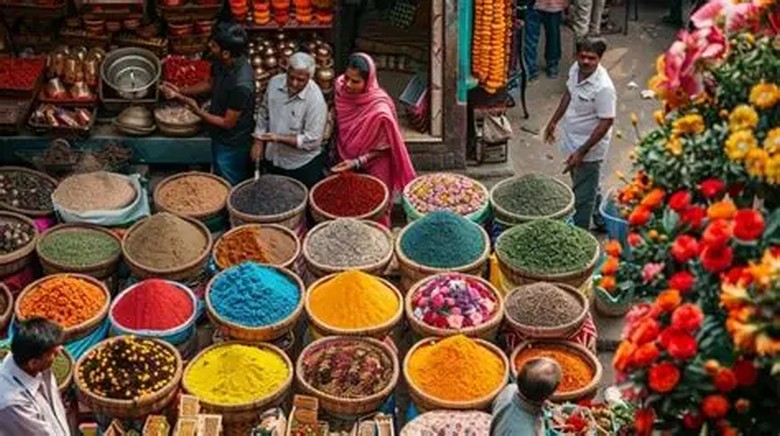 Các bao gia vị nhiều màu và hoa dâm bụt karkade ở chợ gia vị