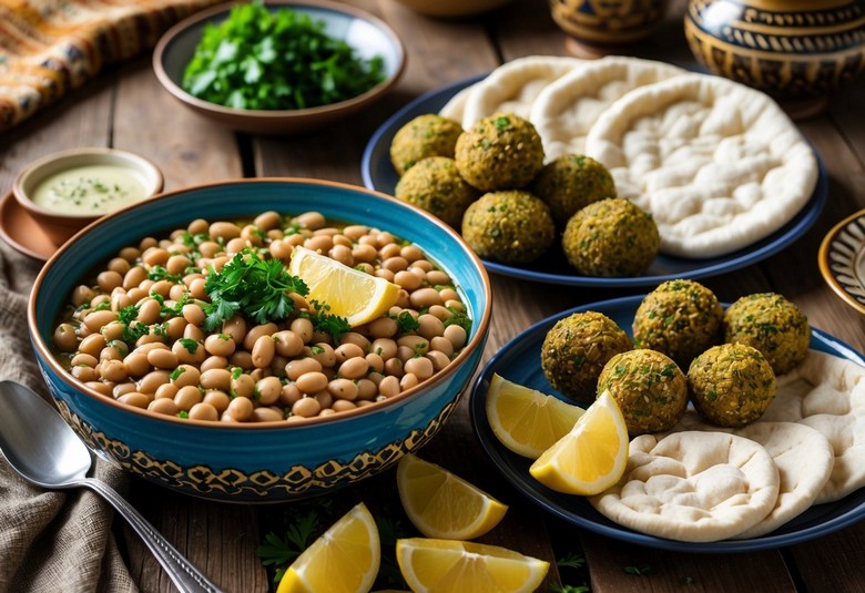 Đĩa ful medames và bánh ta'meya ăn kèm bánh mì dẹt